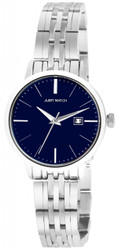 Relógio Elisabete da Just em aço inoxidável com bracelete de elos. Movimento Miyota 2015, vidro mineral e resistência à água de 3 ATM. Fecho dobrável em aço inoxidável. Diâmetro da caixa: 31 mm; altura: 10 mm; largura da bracelete: 14 mm; peso aproximado: 65 g. Mostrador disponível em azul, preto e branco. Caixa disponível em dourado e prateado. Revestimento IP: sim. Marca: Just.
