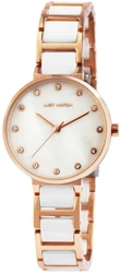 Relógio Just modelo Patrícia para senhora. Caixa redonda de 32 mm de diâmetro e 8 mm de espessura. Mostrador em madrepérola com índices dourados e strass. Movimento Miyota 2035, vidro mineral e resistência à água de 3 bares. Bracelete de elos em aço inoxidável e cerâmica com fecho dobrável. Peso aproximado 71 g. Cores: dourado, ouro rosa, preto e prata.