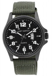 Relógio Just para Homem com movimento quartz e mostrador analógico com indicação de data. Resistência à água 3 ATM. Caixa em aço inoxidável de 45 mm com vidro mineral. Bracelete em nylon com fecho de fivela em aço inoxidável.