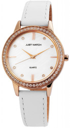 Relógio analógico feminino Just com movimento Miyota 2035. Caixa metálica 36 mm com vidro mineral e detalhes em cristais. Bracelete em couro genuíno de 16 mm com fecho de fivela; comprimento total 18 cm. Tampa traseira em aço inoxidável. Resistência à água: 3 ATM. Inclui caixa original. Marca: Just.