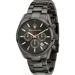 Relógio Maserati coleção Attrazione com movimento de quartzo e mostrador analógico preto. Caixa de 43 mm com vidro mineral e bracelete em aço inoxidável cinzento-escuro. Resistência à água de 5 ATM. Inclui caixa, documentação e garantia de 3 anos Maserati. A caixa pode diferir ligeiramente da fotografia conforme disponibilidade do fabricante.