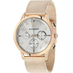Relógio Maserati com movimento de quartzo e mostrador analógico. Bracelete em aço inoxidável cor rosa gold. Mostrador branco. Diâmetro da caixa: 42 mm. Resistência à água: 5 bar. Vidro em cristal mineral. Inclui caixa e documentação. Garantia de 2 anos Maserati. A caixa pode variar ligeiramente da fotografia conforme disponibilidade de fábrica.