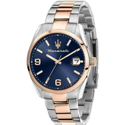Relógio Maserati da coleção Attrazione com movimento de quartzo e mostrador analógico. Caixa de 43 mm em aço inoxidável com vidro cristal mineral e resistência à água de 5 ATM. Bracelete bicolor em aço inoxidável (prateado e rosé). Inclui caixa, documentação e garantia de 3 anos Maserati. A caixa pode diferir ligeiramente da fotografia conforme modelos disponíveis em fábrica.