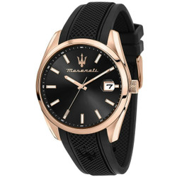 Relógio Maserati coleção Attrazione com movimento de quartzo e mostrador analógico. Bracelete em silicone preto. Diâmetro da caixa: 43 mm. Resistência à água: 5 ATM. Vidro em cristal mineral. Inclui caixa e documentação. Garantia de 3 anos Maserati. A caixa pode variar conforme disponibilidade de fábrica.