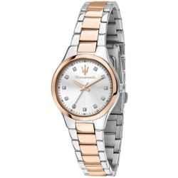 Relógio Maserati Attrazione com movimento de quartzo e mostrador analógico. Caixa de 30 mm com mostrador branco e vidro mineral. Bracelete em aço inoxidável com acabamento prata e rose gold. Resistência à água: 5 ATM. Inclui caixa e documentação. Garantia de 3 anos Maserati. A caixa pode diferir ligeiramente da fotografia conforme disponibilidade de fábrica. Marca: Maserati.