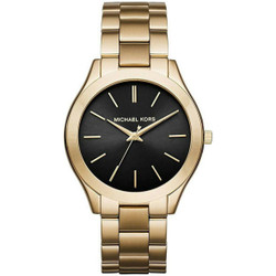 Relógio analógico Michael Kors com movimento de quartzo. Caixa redonda em aço inoxidável dourado de 42 mm, vidro mineral e mostrador preto. Bracelete em aço inoxidável dourado. Resistência à água de 5 ATM (50 m). Inclui caixa, documentação e garantia de 3 anos. Marca: Michael Kors.