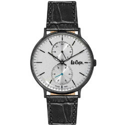 Relógio Lee Cooper analógico com movimento de quartzo. Caixa em aço 40 mm com vidro mineral e mostrador prateado. Bracelete em couro preto. Não inclui caixa. Garantia de 2 anos. Marca: Lee Cooper