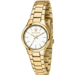 Relógio Maserati Attrazione com movimento de quartzo e mostrador analógico branco. Bracelete em aço inoxidável dourado, vidro cristal mineral e caixa de 30 mm. Resistência à água: 5 ATM. Inclui estojo, documentação e garantia de 3 anos Maserati. A caixa pode diferir ligeiramente da imagem conforme disponibilidade do fabricante.