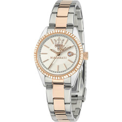 Relógio Maserati Competizione com movimento de quartzo e mostrador analógico branco. Caixa 31 mm com vidro cristal mineral. Pulseira em aço inoxidável com acabamento prateado e detalhes em ouro rosa. Resistência à água 10 ATM. Inclui caixa, documentação e garantia de 3 anos Maserati. A caixa pode variar conforme disponibilidade de fábrica.