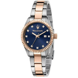Relógio Maserati Competizione com movimento de quartzo e mostrador analógico azul. Caixa 31 mm com vidro cristal mineral. Bracelete em aço inoxidável em tons prateado e rosé. Resistência à água 10 ATM. Inclui caixa, documentação e garantia Maserati de 3 anos. A caixa enviada pode variar conforme disponibilidade de fábrica.