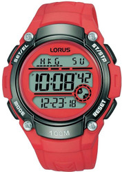 Relógio desportivo digital com movimento de quartzo. Caixa em plástico de 46 mm, bracelete em plástico cinzento e vidro plástico. Mostrador com indicação da data e função cronógrafo. Resistência à água: 10 ATM. Fecho com fivela de pino. Inclui caixa e documentação. Marca: Lorus By Seiko