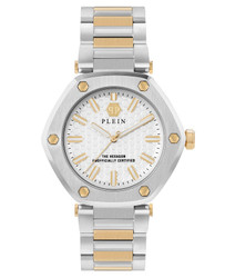 Relógio PHILIPP PLEIN The Hexagon Street Couture com movimento quartz e vidro mineral. Caixa e bracelete em aço inoxidável, mostrador analógico com horas, minutos e segundos. Diâmetro da caixa 38 mm. Fecho deployment buckle. Resistência à água 5 ATM. Inclui caixa e documentação. Marca: PHILIPP PLEIN.