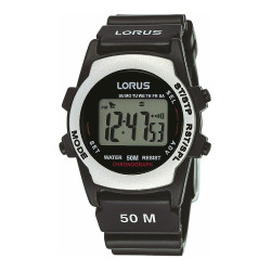 Relógio masculino Lorus By Seiko, cronógrafo quartz modelo R2361AX9. Caixa e bracelete em plástico preto e cinzento com fecho de fivela de pino. Funções: cronógrafo, alarme, indicação do dia da semana e data. Mostrador cinzento. Resistência à água 50 m. Diâmetro da caixa aprox. 38 mm, espessura aprox. 10 mm. Inclui caixa e manual. Marca: Lorus By Seiko.