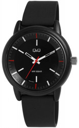 Relógio analógico de 3 ponteiros para Homem da Q&amp;Q by CITIZEN com movimento de quartzo. Caixa em plástico preto com vidro mineral. Diâmetro da caixa: 42 mm. Espessura: 11 mm. Fundo em aço inoxidável fixado com quatro parafusos. Bracelete preta em silicone com 20 mm de largura e fecho de fivela. Comprimento total aprox. 24,5 cm. Mostrador preto com índices vermelhos e brancos. Inclui apenas o relógio.