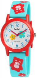Relógio infantil analógico de 3 ponteiros com movimento de quartzo. Caixa de plástico 32 mm com fundo em aço inoxidável. Bracelete de silicone turquesa decorada com ursinhos e motivos florais; fecho de plástico. Comprimento total aprox. 22,5 cm. Mostrador com numerais árabes azuis e ponteiros cor‑de‑rosa. Marca: Q&amp;Q by CITIZEN. Confortável e resistente, ideal para aprender a ver as horas.