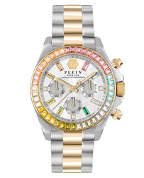 Relógio Nobile Lady Chrono da PHILIPP PLEIN com movimento quartz, vidro mineral, caixa e bracelete em aço inoxidável prateado. Mostrador analógico com função cronógrafo, diâmetro da caixa 38 mm, resistência à água 5 ATM. Fecho deployment. Inclui caixa e documentação. Marca: PHILIPP PLEIN.