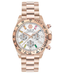 Relógio Nobile Lady Chrono da PHILIPP PLEIN com movimento quartz e mostrador analógico. Caixa e bracelete em aço inoxidável, vidro mineral, diâmetro 38 mm. Funções: horas, minutos, segundos e cronógrafo. Resistência à água até 5 ATM. Inclui caixa e documentação.
