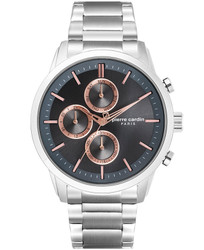Relógio casual Pierre Cardin com caixa e bracelete em aço com acabamento cinzento. Design minimalista adequado para uso diário. Marca: Pierre Cardin.