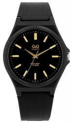Relógio de quartzo com mostrador preto e índices dourados. Caixa em plástico com fundo em aço inoxidável e pulseira em silicone. Diâmetro da caixa: 43 mm; espessura: 12 mm. Marca: Q&amp;Q by CITIZEN.