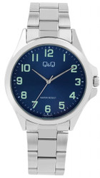 Relógio analógico de homem com movimento de 3 ponteiros, mostrador azul e índices árabes verdes. Ponteiros e índices com Superluminova para melhor visibilidade em baixa luminosidade. Bracelete ajustável em elos de aço inoxidável prateado com elos removíveis. Marca: Q&amp;Q by CITIZEN.