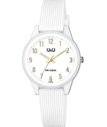 Relógio feminino Q&amp;Q by CITIZEN com caixa redonda em resina de 32 mm, vidro acrílico, movimento Cal.2035, resistência à água 10 BAR e pulseira de resina com fecho de fivela. Espessura da caixa: 9,7 mm. Modelo VS13J008Y.