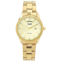 Relógio Q&amp;Q by CITIZEN para Homem com caixa metálica dourada em metal, movimento de quartzo e mostrador analógico. Caixa 40 mm com vidro mineral resistente a riscos. Indicação de data às 3 horas e indicador do dia da semana em vermelho. Resistência à água: 5 ATM. Marca: Q&amp;Q by CITIZEN.