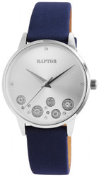 Relógio feminino Raptor modelo Dory com movimento de quartzo e três ponteiros. Caixa metálica de 38 mm, vidro mineral e espessura de 8 mm. Bracelete em pele genuína de 18 mm com fecho de fivela em aço inoxidável. Comprimento total aprox. 24 cm. Fundo da caixa em aço inoxidável. Resistência à água: 3 bar. Mostrador prateado com elementos decorativos brilhantes. Inclui cartão de garantia e caixa original Raptor.