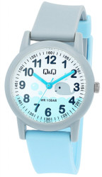 Relógio infantil analógico de 3 ponteiros por Q&amp;Q by CITIZEN com caixa cinzenta, índices azuis e bracelete bicolor azul e cinzento. Resistente à água até 10 ATM. Design durável para uso diário.