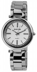 Raptor — relógio analógico de senhora com movimento de quartzo. Caixa em aço inoxidável com vidro mineral. Diâmetro da caixa: 38 mm; espessura 12 mm. Bracelete em aço inoxidável com 18 mm de largura e fecho desdobrável; comprimento aproximado 19 cm. Inclui caixa original e cartão de garantia. Marca: Raptor.