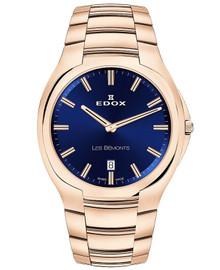 Relógio Les Bemonts com movimento de quartzo. Caixa e bracelete em aço inoxidável rosé, vidro de safira, mostrador azul com indicação de horas, minutos e data. Resistente à água até 5 ATM. Inclui caixa, documentação e garantia de 3 anos. Marca: Edox Swiss.