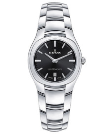 Relógio Edox Swiss Les Bemonts para mulher com movimento de quartzo analógico. Caixa e bracelete em aço inoxidável, vidro de safira, mostrador preto e indicação de data. Resistência à água de 3 ATM. Inclui caixa e documentação. Garantia de 3 anos. Marca: Edox Swiss.