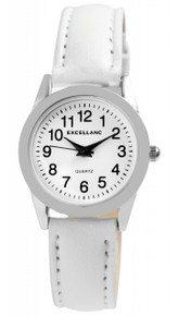 Relógio de pulso feminino Excellanc com movimento de quartzo e mostrador analógico de três ponteiros. Caixa metálica com vidro mineral e fundo em aço inoxidável. Bracelete em pele sintética com fecho de pino. Diâmetro da caixa: 26,5 mm; altura: 7 mm. Comprimento da bracelete: 21 cm. Material: pele sintética; caixa metálica; fundo em aço inoxidável; vidro mineral. Estilo clássico. Marca: Excellanc.