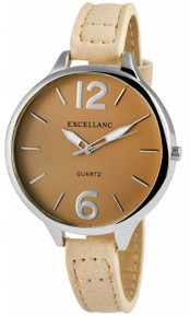Relógio analógico feminino Excellanc com movimento de quartzo, vidro mineral, caixa metálica e tampa em aço inoxidável. Bracelete em pele sintética com fecho de fivela de pino. Diâmetro da caixa: 45 mm; altura: 12 mm; comprimento total aprox. 18,5 cm. Modelo: EX0010. Marca: Excellanc.