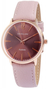 Relógio analógico feminino Excellanc com movimento de quartzo. Caixa metálica com vidro mineral e fundo em aço inoxidável. Diâmetro da caixa: 38 mm; altura: 11 mm. Bracelete em pele sintética com fecho de fivela; largura 20 mm; comprimento total 19 cm. Modelo EX0063. Marca: Excellanc.