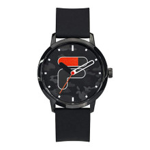 Relógio FILA analógico com caixa em plástico preto polido, mostrador preto e bracelete em silicone preto com fecho de fivela de pino. Movimento de quartzo alimentado por bateria. Resistência à água: 5 ATM. Diâmetro aproximado da caixa: 42 mm; espessura: 10 mm. Marca: FILA.