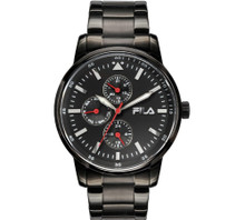 Relógio FILA multifunções para Homem com caixa e bracelete em aço inoxidável revestido a preto e fecho dobrável. Movimento de quartzo com funções de dia da semana, data e indicação 24 horas. Resistência à água de 5 ATM. Mostrador preto. Dimensões aproximadas da caixa: 42 mm (largura) x 10 mm (altura). Inclui estojo. Marca: FILA.