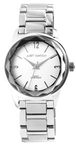 Relógio de pulso feminino Just analógico de 3 ponteiros com movimento de quartzo Miyota. Caixa metálica 35 mm com vidro mineral e fundo em aço inoxidável. Bracelete em aço inoxidável com fecho de clipe e comprimento ajustável removendo elos. Resistência à água: 3 bar. Mostrador minimalista com índices e ponteiros coordenados.