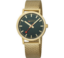 Relógio Mondaine Swiss Railways A660 para Homem com caixa em aço inoxidável dourado mate (aprox. 40 mm x 8 mm), mostrador verde, vidro mineral, movimento de quartzo e resistência à água 3 ATM. Pulseira em aço inoxidável dourado mate com fecho. Inclui caixa e manual. Marca: Mondaine Swiss.