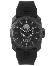 Relógio The Skull King da marca PHILIPP PLEIN com caixa em aço inoxidável de 44 mm, movimento quartz, vidro mineral, mostrador analógico e bracelete em silicone com fecho de fivela. Resistência à água até 5 ATM. Inclui caixa e documentação.