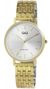 Relógio analógico para Homem com movimento de quartzo e três ponteiros. Caixa redonda em metal com vidro mineral. Diâmetro da caixa: 40 mm; espessura: 7,5 mm. Pulseira em aço inoxidável dourado com 18 mm de largura e fecho dobrável. Fundo de caixa em aço inoxidável. Resistência à água: 3 bar. Marca: Q&Q by CITIZEN.