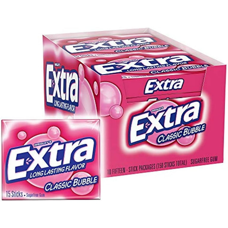 Extra Classic Bubble Sugar-Free Gum, 15 Sticks (10 Pack)