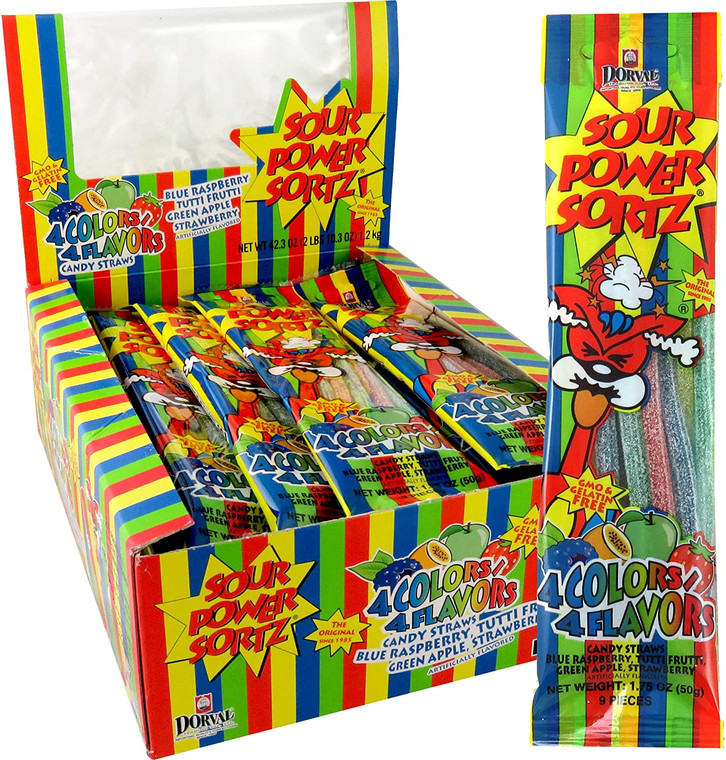 Sour Power Straws Sortz - 4 Colors 4 Flavors, 9 Straws (24 Pack)