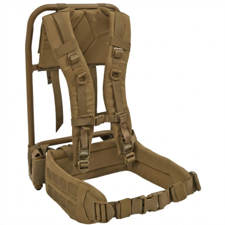 Tactical Tailor Low Profile Adjustable Super Straps in Coyote Brown, Front View on MALICE Frame with Ergo Super Belt