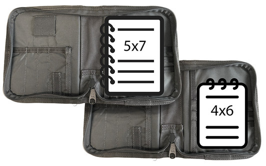 Tactical Tailor Medium Tactical Planner Open, Showing compatible note pad sizes