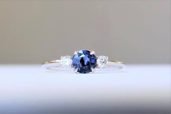 Three Stone Blue Sapphire Engagement Ring - Nolan and Vada