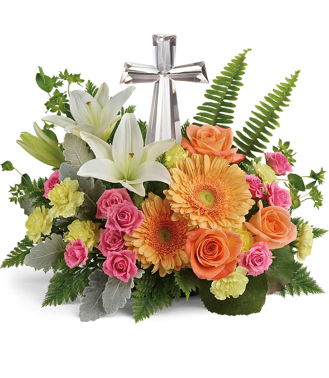 Pink and Orange Crystal Cross Funeral Flower Arrangement