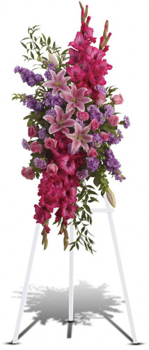 My Touching Tribute Standing Spray from Sympathy Flower Shop. These gorgeous flowers such as pink roses, stargazer lilies and gladioli blend with the purple stock, lavender carnations and fragrant greens. Delivered on a wire funeral stand. Downtown Houston funeral flower delivery.
SKU SYM611