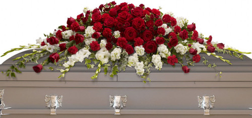 Grandeur Red Rose & White Flower Casket Cover from Sympathy Flower Shop. Over three dozen red roses, red spray roses and red carnations along with graceful white gladiolias and white stock are arranged beautifully with assorted greeneries. 
SKU SYM812
