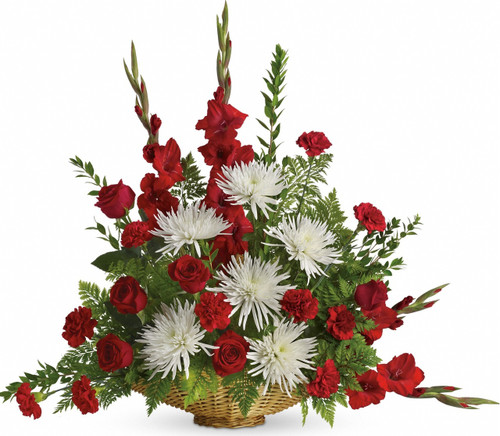 Truly Graceful Funeral Basket by Sympathy Flower Shop. Everyone mourning the loss of a loved one will be comforted by this lovely array of red roses, red gladioli and white mums. SKU SYM432