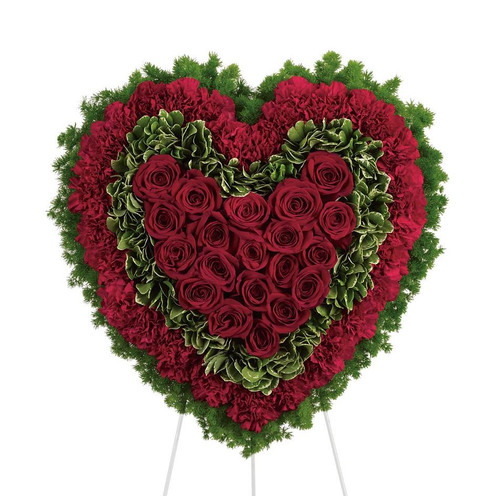 Majestic Red Rose Sympathy Heart Funeral Flowers by Enchanted Florist Pasadena TX. A majestic all red rose and red carnation spray of funeral flowers in the shape of a heart and on an easel stand. Approx 21"H x 21"W (size doesn't not include stand) Sympathy floral delivery.  RM533